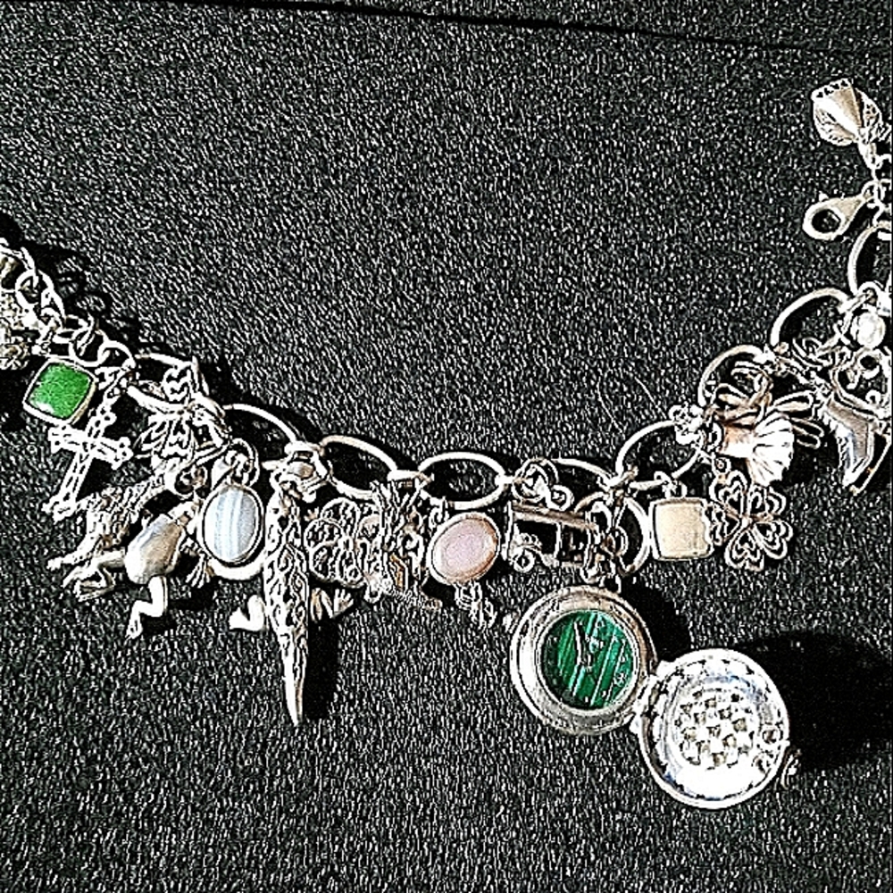 Sterling Silver Multi Charms, with Locket Watch &  Natural Cabochon Gemstones
